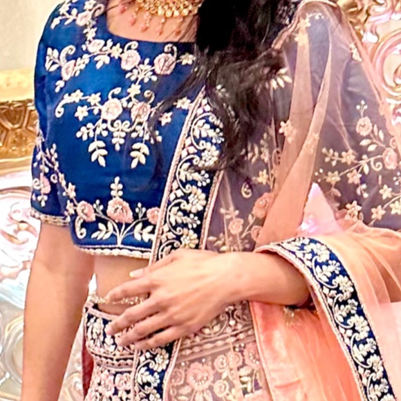 Blue raw silk Designer lengha with pink net duppata. Full flare. - Picture 5 of 6